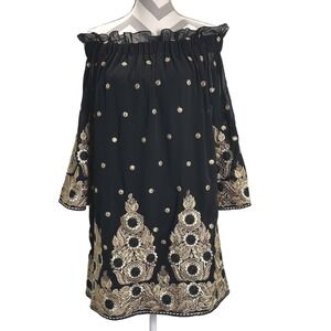 Boston Proper Black & Gold Metallic Embroidered Off Shoulder Mini Dress Size S